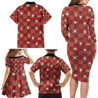 Christmas Patchwork Fake Tuxedo Family Matching Long Sleeve Bodycon Dress and Hawaiian Shirt Santa and Reindeer Red Plaid Style - Wonder Print Shop