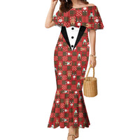 Christmas Patchwork Fake Tuxedo Family Matching Mermaid Dress and Hawaiian Shirt Santa and Reindeer Red Plaid Style - Wonder Print Shop