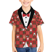 Christmas Patchwork Fake Tuxedo Family Matching Off The Shoulder Long Sleeve Dress and Hawaiian Shirt Santa and Reindeer Red Plaid Style - Wonder Print Shop