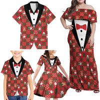 Christmas Patchwork Fake Tuxedo Family Matching Off Shoulder Maxi Dress and Hawaiian Shirt Santa and Reindeer Red Plaid Style - Wonder Print Shop