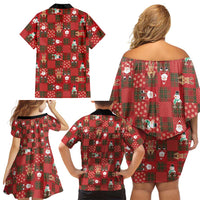 Christmas Patchwork Fake Tuxedo Family Matching Off Shoulder Short Dress and Hawaiian Shirt Santa and Reindeer Red Plaid Style - Wonder Print Shop