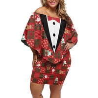 Christmas Patchwork Fake Tuxedo Family Matching Off Shoulder Short Dress and Hawaiian Shirt Santa and Reindeer Red Plaid Style - Wonder Print Shop