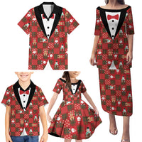 Christmas Patchwork Fake Tuxedo Family Matching Puletasi and Hawaiian Shirt Santa and Reindeer Red Plaid Style - Wonder Print Shop