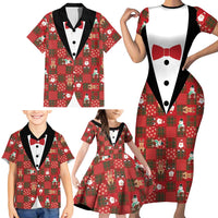 Christmas Patchwork Fake Tuxedo Family Matching Short Sleeve Bodycon Dress and Hawaiian Shirt Santa and Reindeer Red Plaid Style - Wonder Print Shop