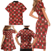 Christmas Patchwork Fake Tuxedo Family Matching Short Sleeve Bodycon Dress and Hawaiian Shirt Santa and Reindeer Red Plaid Style - Wonder Print Shop