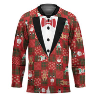 Christmas Patchwork Fake Tuxedo Hockey Jersey Santa and Reindeer Red Plaid Style - Wonder Print Shop
