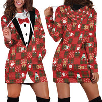 Christmas Patchwork Fake Tuxedo Hoodie Dress Santa and Reindeer Red Plaid Style - Wonder Print Shop