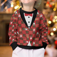 Christmas Patchwork Fake Tuxedo Kid Ugly Christmas Sweater Santa and Reindeer Red Plaid Style - Wonder Print Shop