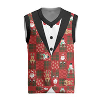 Christmas Patchwork Fake Tuxedo Christmas Knitted V-Neck Vest Santa and Reindeer Red Plaid Style - Wonder Print Shop