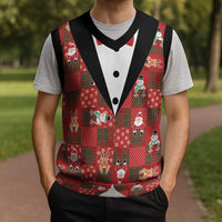 Christmas Patchwork Fake Tuxedo Christmas Knitted V-Neck Vest Santa and Reindeer Red Plaid Style - Wonder Print Shop
