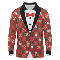 Christmas Patchwork Fake Tuxedo Long Sleeve Polo Shirt Santa and Reindeer Red Plaid Style - Wonder Print Shop