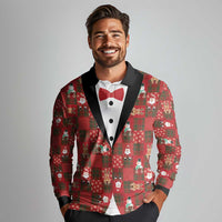Christmas Patchwork Fake Tuxedo Long Sleeve Polo Shirt Santa and Reindeer Red Plaid Style - Wonder Print Shop