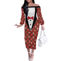 Christmas Patchwork Fake Tuxedo Off The Shoulder Long Sleeve Dress Santa and Reindeer Red Plaid Style - Wonder Print Shop