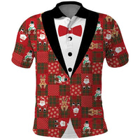 Christmas Patchwork Fake Tuxedo Polo Shirt Santa and Reindeer Red Plaid Style - Wonder Print Shop