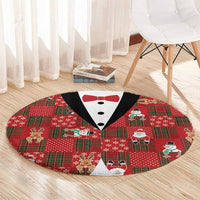 Christmas Patchwork Fake Tuxedo Round Carpet Santa and Reindeer Red Plaid Style - Wonder Print Shop