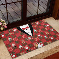 Christmas Patchwork Fake Tuxedo Rubber Doormat Santa and Reindeer Red Plaid Style - Wonder Print Shop