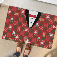 Christmas Patchwork Fake Tuxedo Rubber Doormat Santa and Reindeer Red Plaid Style - Wonder Print Shop