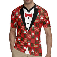 Christmas Patchwork Fake Tuxedo Rugby Jersey Santa and Reindeer Red Plaid Style - Wonder Print Shop