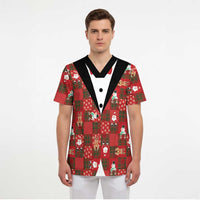 Christmas Patchwork Fake Tuxedo Scrub Top Santa and Reindeer Red Plaid Style - Wonder Print Shop