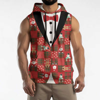Christmas Patchwork Fake Tuxedo Sleeveless Hoodie Santa and Reindeer Red Plaid Style - Wonder Print Shop