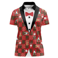 Christmas Patchwork Fake Tuxedo Women Polo Shirt Santa and Reindeer Red Plaid Style - Wonder Print Shop