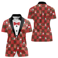 Christmas Patchwork Fake Tuxedo Women Polo Shirt Santa and Reindeer Red Plaid Style - Wonder Print Shop