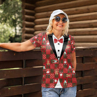 Christmas Patchwork Fake Tuxedo Women Polo Shirt Santa and Reindeer Red Plaid Style - Wonder Print Shop