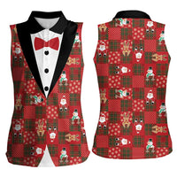 Christmas Patchwork Fake Tuxedo Women Sleeveless Polo Shirt Santa and Reindeer Red Plaid Style - Wonder Print Shop