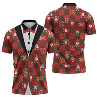 Christmas Patchwork Fake Tuxedo Zipper Polo Shirt Santa and Reindeer Red Plaid Style - Wonder Print Shop