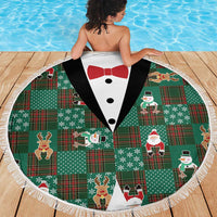 Christmas Patchwork Fake Tuxedo Beach Blanket Santa and Reindeer Green Plaid Style - Wonder Print Shop