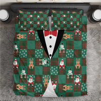 Christmas Patchwork Fake Tuxedo Bedding Set Santa and Reindeer Green Plaid Style - Wonder Print Shop