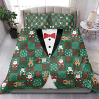 Christmas Patchwork Fake Tuxedo Bedding Set Santa and Reindeer Green Plaid Style - Wonder Print Shop