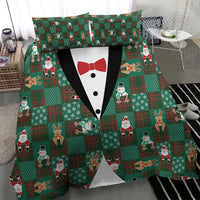 Christmas Patchwork Fake Tuxedo Bedding Set Santa and Reindeer Green Plaid Style - Wonder Print Shop