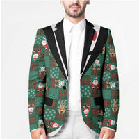 Christmas Patchwork Fake Tuxedo Blazer Santa and Reindeer Green Plaid Style - Wonder Print Shop