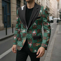 Christmas Patchwork Fake Tuxedo Blazer Santa and Reindeer Green Plaid Style - Wonder Print Shop