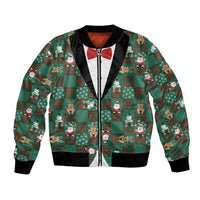 Christmas Patchwork Fake Tuxedo Bomber Jacket Santa and Reindeer Green Plaid Style - Wonder Print Shop