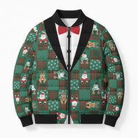 Christmas Patchwork Fake Tuxedo Bomber Puffer Jacket Santa and Reindeer Green Plaid Style - Wonder Print Shop
