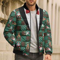 Christmas Patchwork Fake Tuxedo Bomber Puffer Jacket Santa and Reindeer Green Plaid Style - Wonder Print Shop