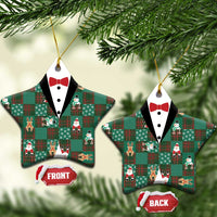 Christmas Patchwork Fake Tuxedo Ceramic Ornament Santa and Reindeer Green Plaid Style - Wonder Print Shop