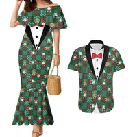 Christmas Patchwork Fake Tuxedo Couples Matching Mermaid Dress and Hawaiian Shirt Santa and Reindeer Green Plaid Style - Wonder Print Shop