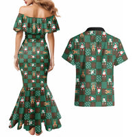 Christmas Patchwork Fake Tuxedo Couples Matching Mermaid Dress and Hawaiian Shirt Santa and Reindeer Green Plaid Style - Wonder Print Shop