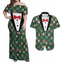 Christmas Patchwork Fake Tuxedo Couples Matching Off Shoulder Maxi Dress and Hawaiian Shirt Santa and Reindeer Green Plaid Style - Wonder Print Shop