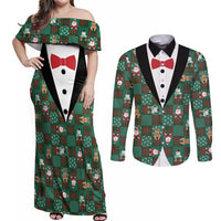 Christmas Patchwork Fake Tuxedo Couples Matching Off Shoulder Maxi Dress and Long Sleeve Button Shirt Santa and Reindeer Green Plaid Style - Wonder Print Shop