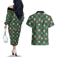 Christmas Patchwork Fake Tuxedo Couples Matching Off The Shoulder Long Sleeve Dress and Hawaiian Shirt Santa and Reindeer Green Plaid Style - Wonder Print Shop