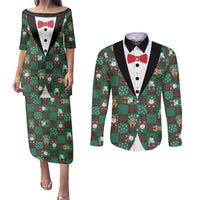 Christmas Patchwork Fake Tuxedo Couples Matching Puletasi and Long Sleeve Button Shirt Santa and Reindeer Green Plaid Style - Wonder Print Shop