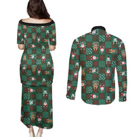 Christmas Patchwork Fake Tuxedo Couples Matching Puletasi and Long Sleeve Button Shirt Santa and Reindeer Green Plaid Style - Wonder Print Shop