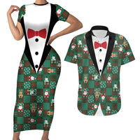 Christmas Patchwork Fake Tuxedo Couples Matching Short Sleeve Bodycon Dress and Hawaiian Shirt Santa and Reindeer Green Plaid Style - Wonder Print Shop