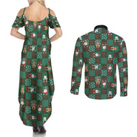 Christmas Patchwork Fake Tuxedo Couples Matching Summer Maxi Dress and Long Sleeve Button Shirt Santa and Reindeer Green Plaid Style - Wonder Print Shop
