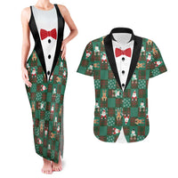Christmas Patchwork Fake Tuxedo Couples Matching Tank Maxi Dress and Hawaiian Shirt Santa and Reindeer Green Plaid Style - Wonder Print Shop