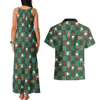 Christmas Patchwork Fake Tuxedo Couples Matching Tank Maxi Dress and Hawaiian Shirt Santa and Reindeer Green Plaid Style - Wonder Print Shop